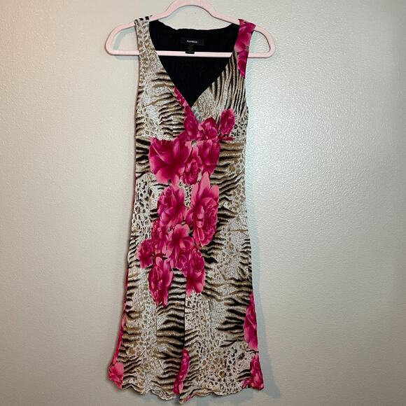 Vtg Express Dress Sz M Y2K 90s Coquette Fairy Pink Floral Midi Slip Brown Zebra - Picture 1 of 7